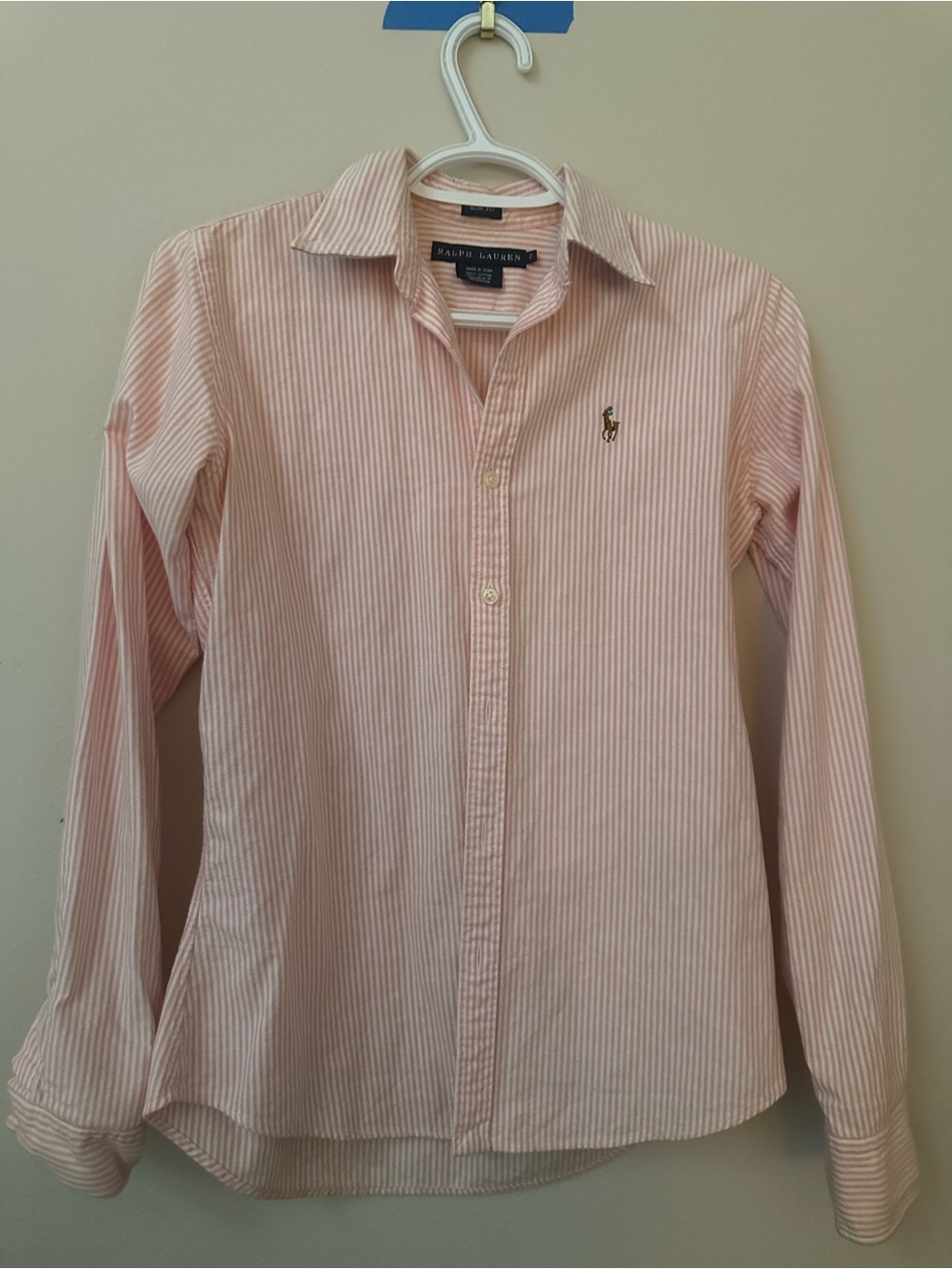Ralph Lauren Slim Fit Size 2 Pink Striped Classic Cotton Button-Up Shirt
